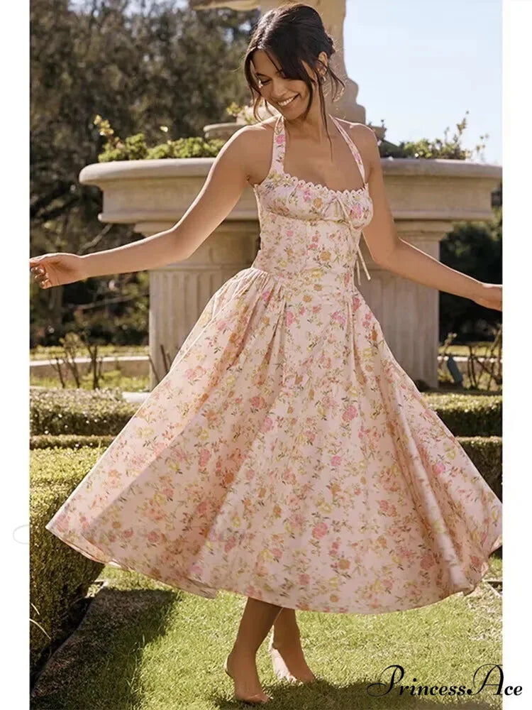 Slim Wrap Spaghetti Strap Pattern Floral Dress pink4 / S