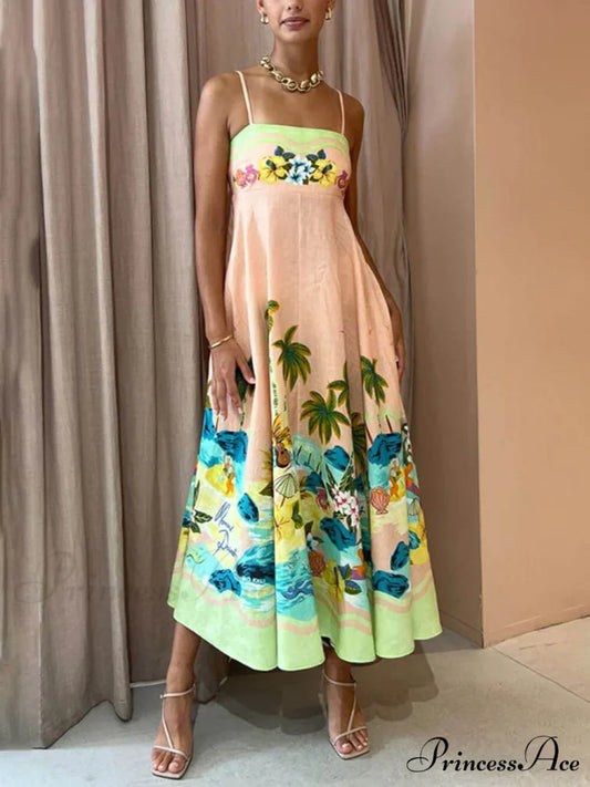 Sling Printed Stylish Casual Midi Dress Multicolor / S