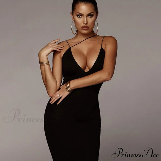 Sling V-neck Slim Fit Bodycon Long Dress black / L
