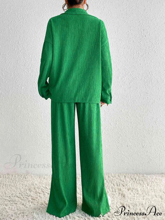 Slit Blouse and Pants Collared Set