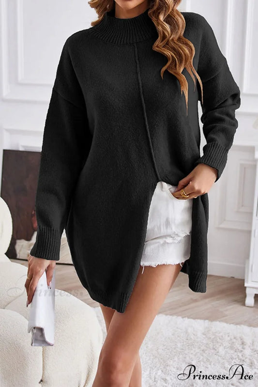 Slit-front Sweater with Turtleneck Detail Black / S
