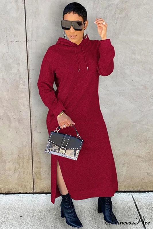 Slit Hem Hoodie Dress Wine Red / S