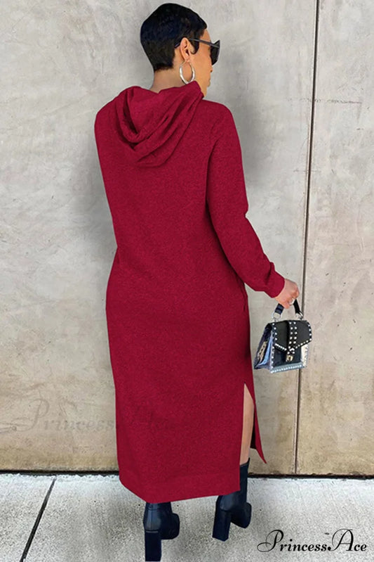Slit Hem Hoodie Dress Wine Red / XL