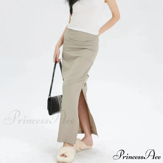 Slit Pleated Solid Long Skirt Vintage Korean Casual Skirt