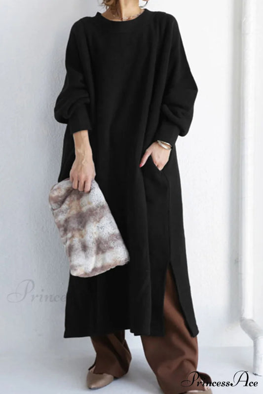 Slit Sweatshirt Dress with Crew Neck Black / S
