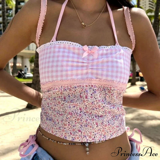 Small Flower Checkered Patchwork 2000s Lace Trim Open Back Tie Up Vintage Waistcoat Crop Top PINK / S croptop-250126
