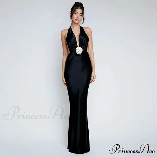 Smooth Deep V Neck Holiday Dress Black / S vacationdress-250223