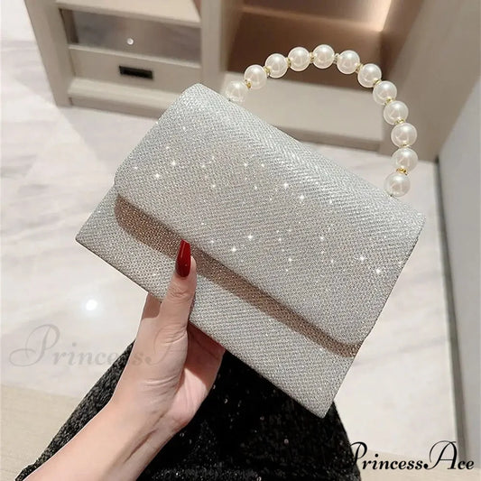 Smooth Evening Clutch Golden Pearl Chain Purse silver clutchbag-250126