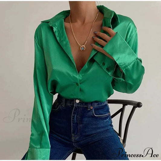 Smooth Long Sleeve Retro Azure Blouse Green / S blouse-250223