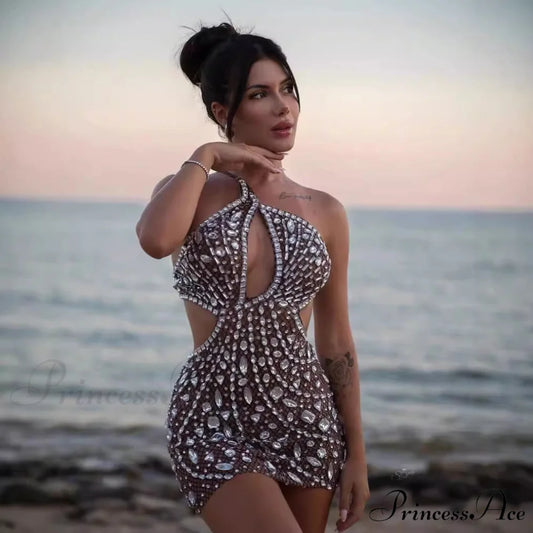 Smooth Off-Shoulder Sparkling Bandage Prom Dress brown / S promdress-250223