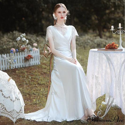 Smooth V-Neck Lace Wedding Gown white / XS weddingdress-250223