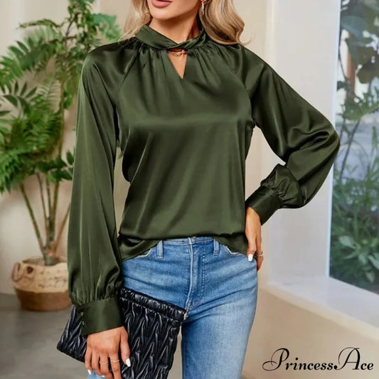 Smooth Y2K White V-neck Extended Sleeve Blouse army green / S blouse-250126