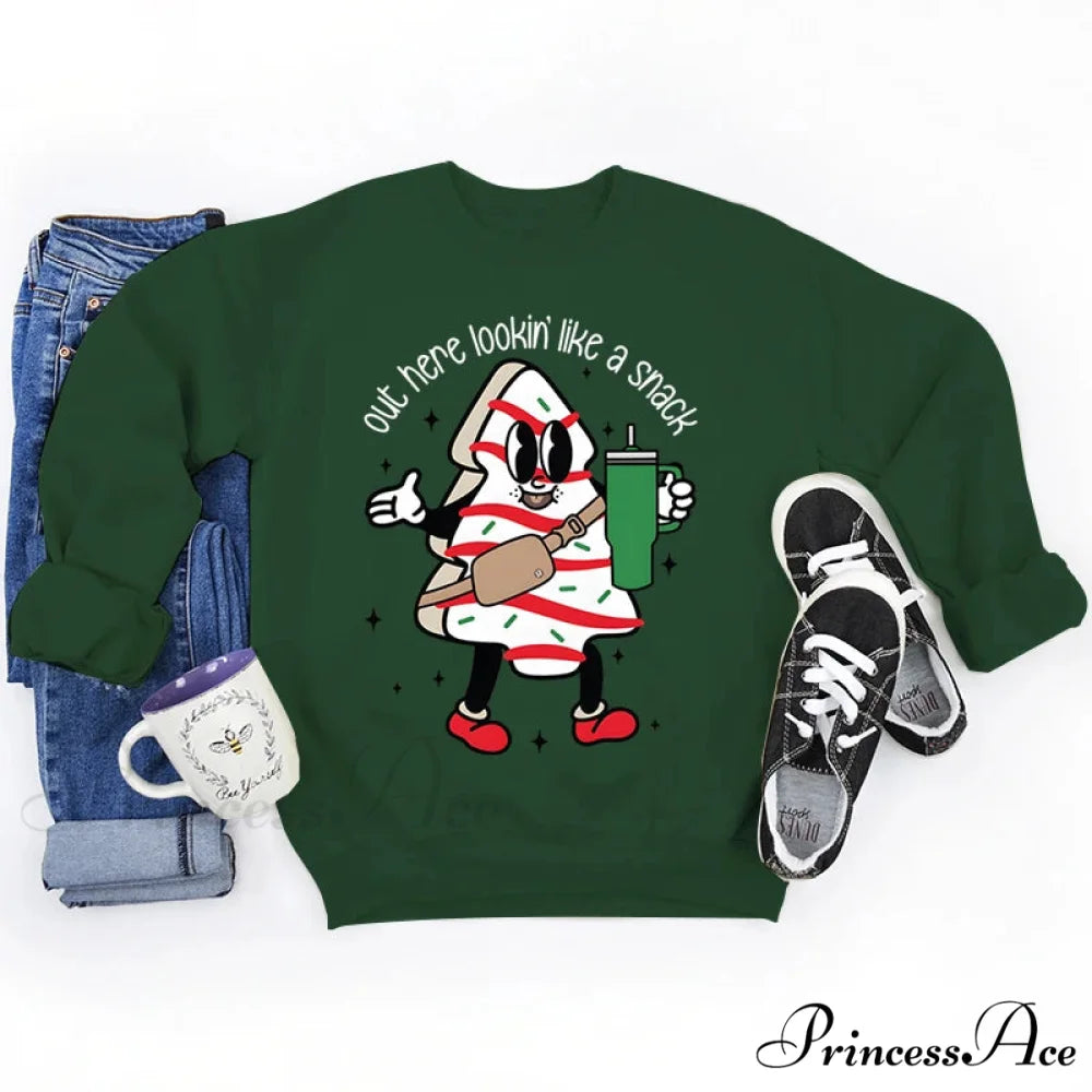 Snack Print Round Neck Christmas Hoodie - Casual Long Sleeve army green / S Christmas Hoodies-L