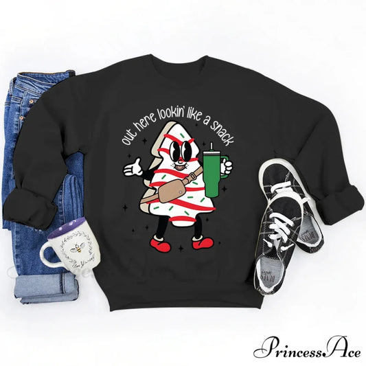 Snack Print Round Neck Christmas Hoodie - Casual Long Sleeve Black / S Christmas Hoodies-L