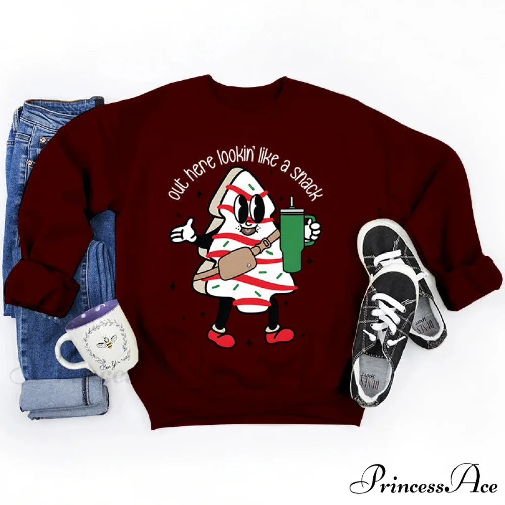 Snack Print Round Neck Christmas Hoodie - Casual Long Sleeve Burgundy / S Christmas Hoodies-L