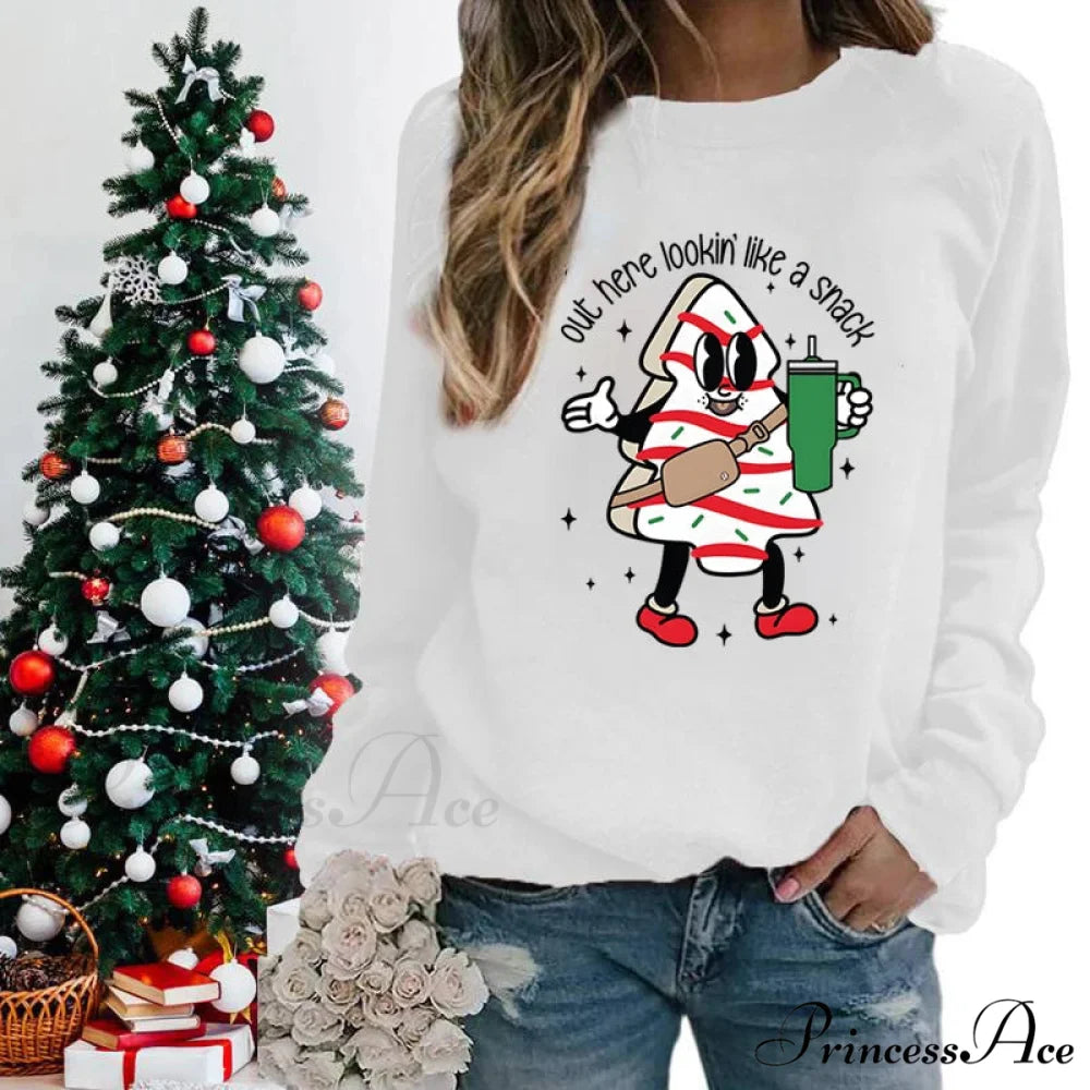 Snack Print Round Neck Christmas Hoodie - Casual Long Sleeve Christmas Hoodies-L