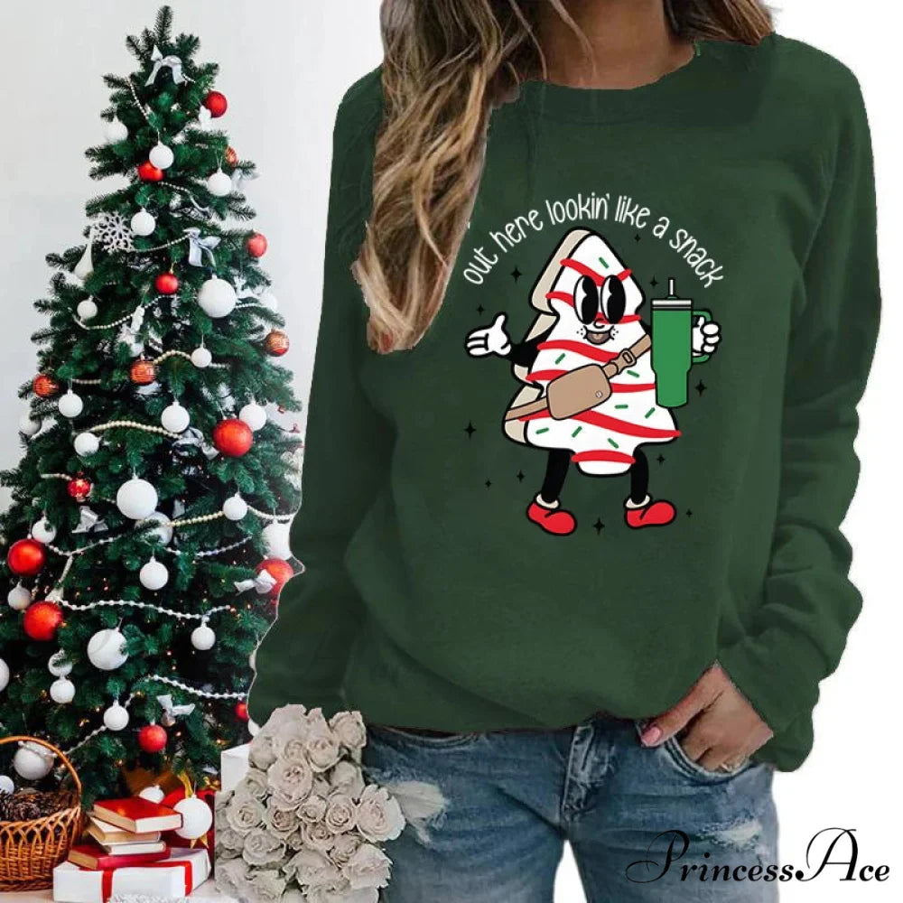Snack Print Round Neck Christmas Hoodie - Casual Long Sleeve Christmas Hoodies-L