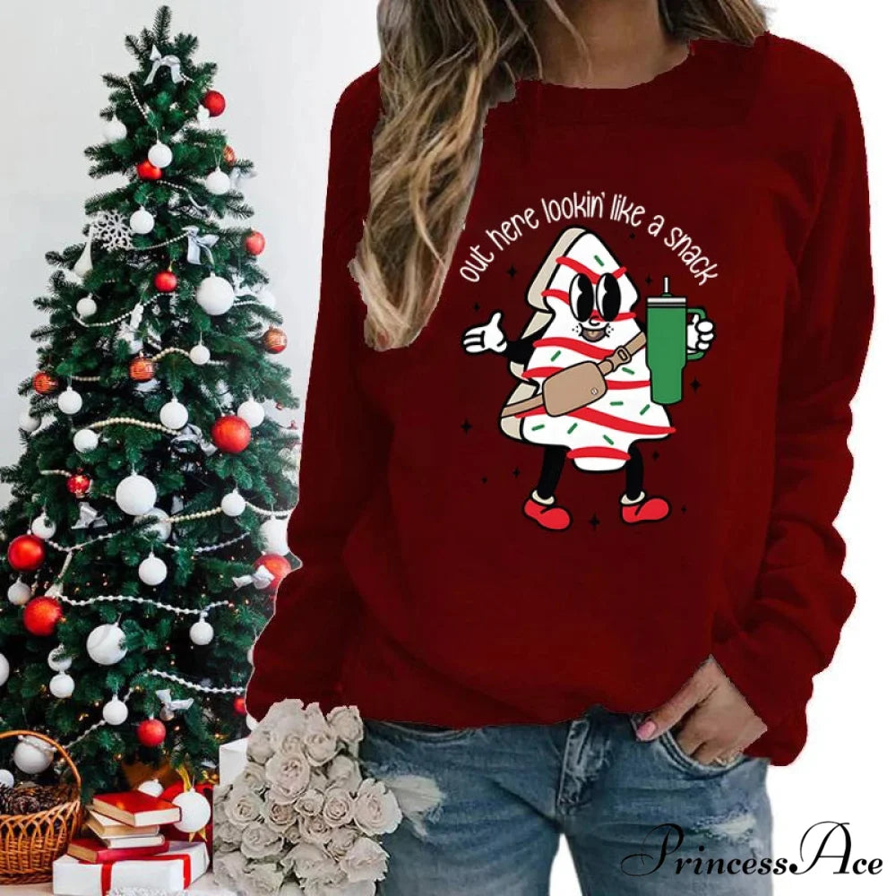 Snack Print Round Neck Christmas Hoodie - Casual Long Sleeve Christmas Hoodies-L