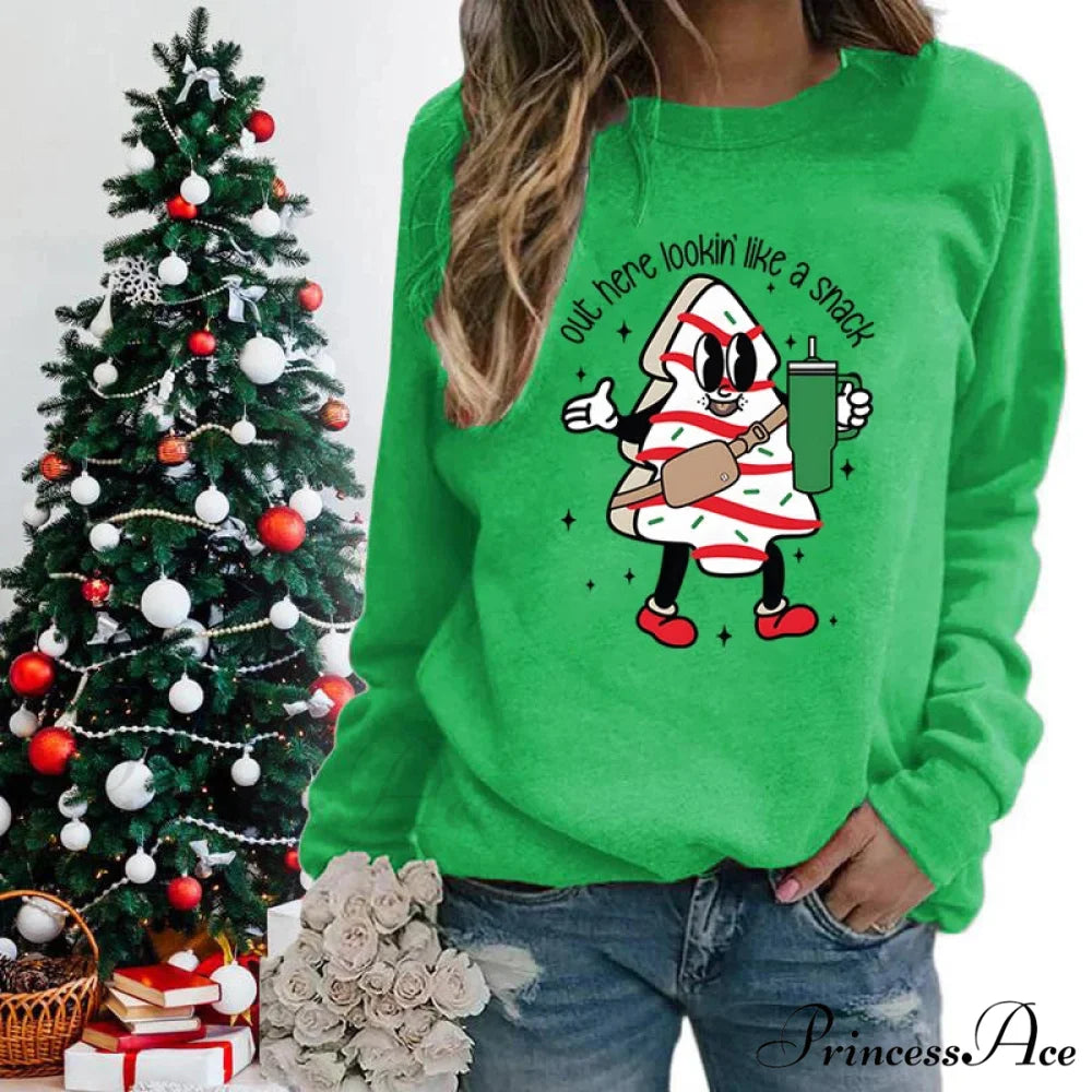 Snack Print Round Neck Christmas Hoodie - Casual Long Sleeve Christmas Hoodies-L