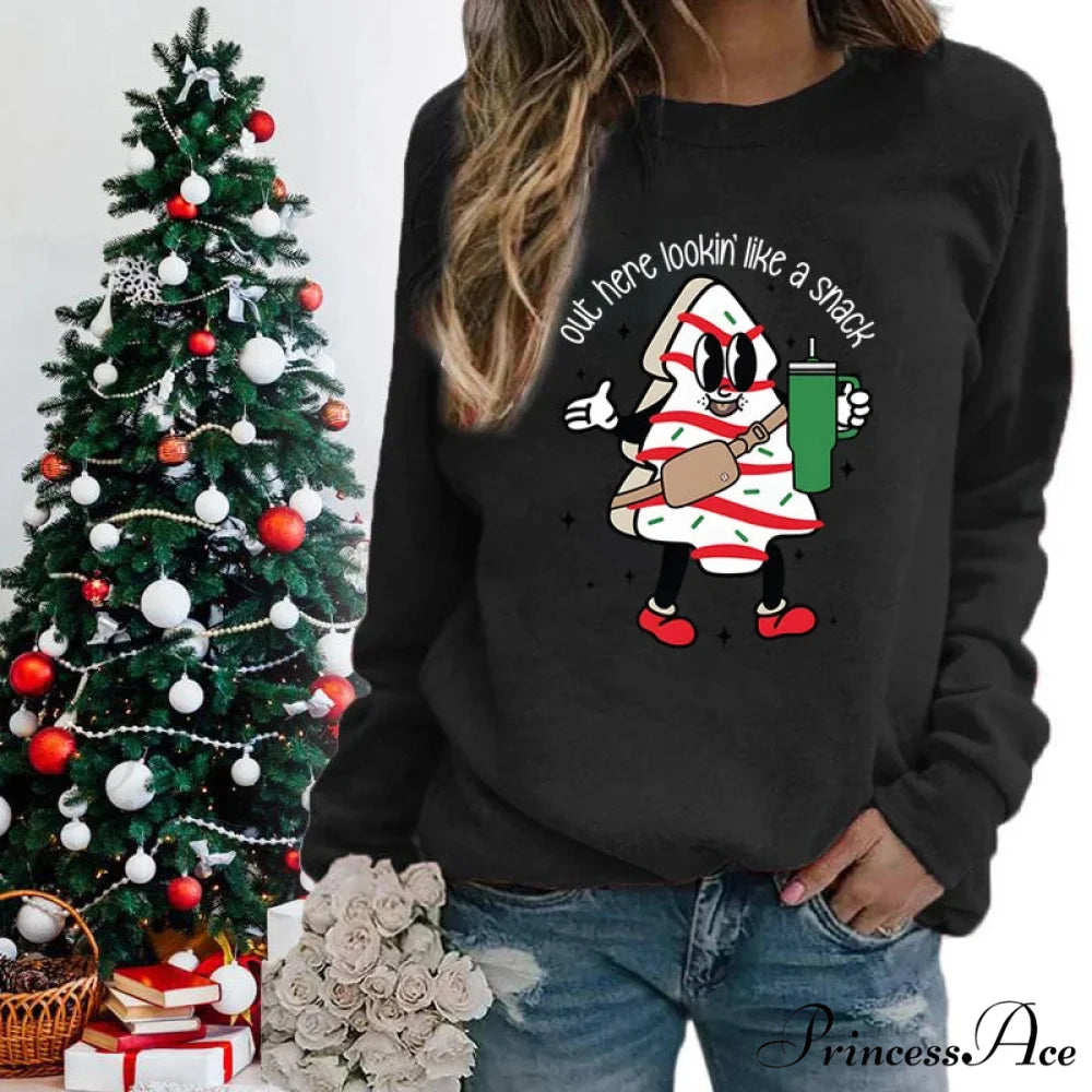 Snack Print Round Neck Christmas Hoodie - Casual Long Sleeve Christmas Hoodies-L
