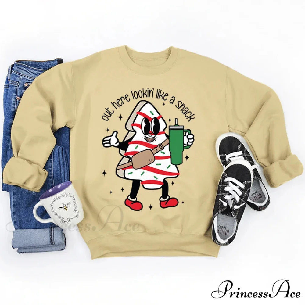 Snack Print Round Neck Christmas Hoodie - Casual Long Sleeve Khaki / S Christmas Hoodies-L