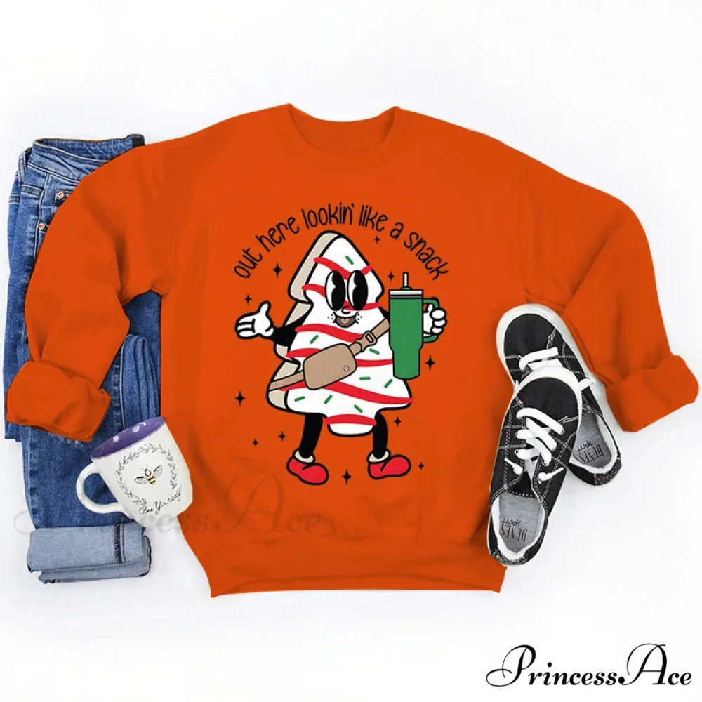 Snack Print Round Neck Christmas Hoodie - Casual Long Sleeve Orange / S Christmas Hoodies-L