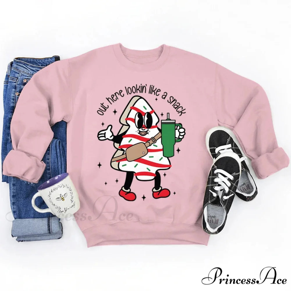 Snack Print Round Neck Christmas Hoodie - Casual Long Sleeve Pink / S Christmas Hoodies-L