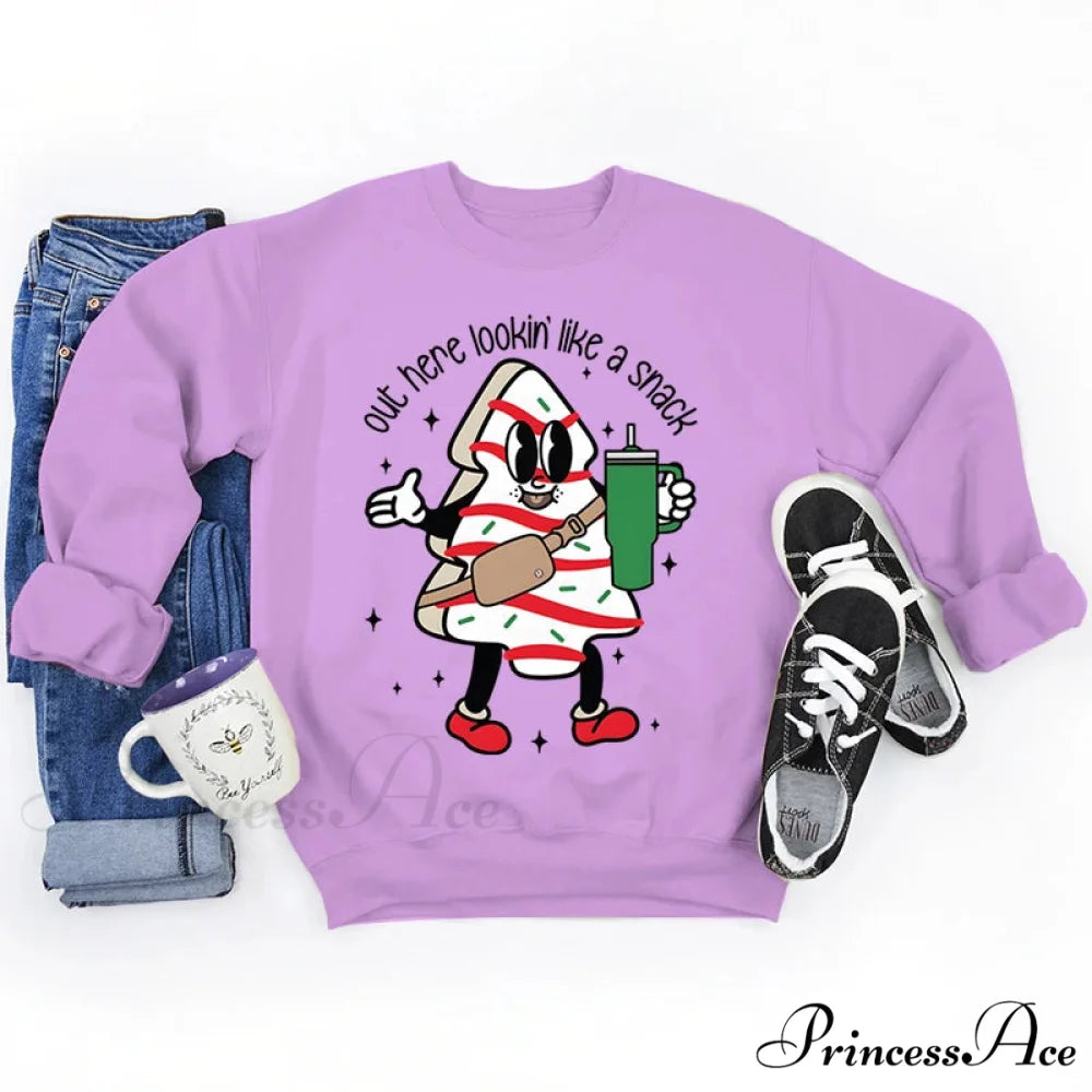 Snack Print Round Neck Christmas Hoodie - Casual Long Sleeve PURPLE / S Christmas Hoodies-L