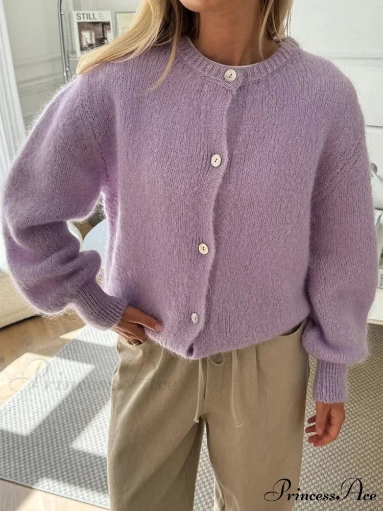 Soft Button-Up Long Sleeve Knit Cardigan purple / S cardigans-241228