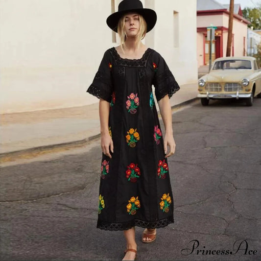 Soft Floral Stitched Bohemian Dress Black / S bohodress-250126