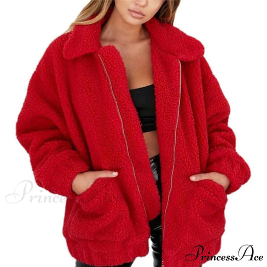 Soft Fur Plush Pocket Plus Size Teddy Coat Red / S