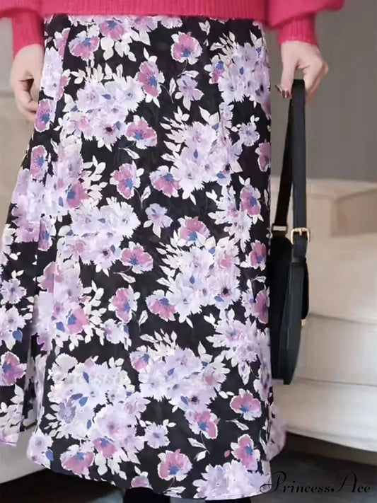 Soft Lavender Floral Midi Skirt Winter Woman Split Hem High Waist skirt-250126