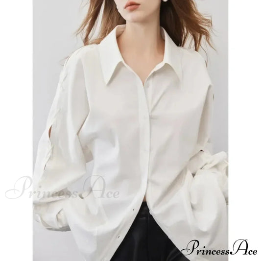 Soft Long Sleeve Button Up Informal Workplace Blouse WHITE / S blouse-250126
