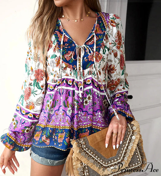 Soft Rayon Floral Printed Extended Sleeve Seaside Boho Top Purple / S bohoblouse-250126
