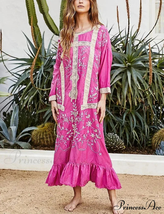 Soft Rayon Long Sleeve Bohemian Dress Rose red / S bohodress-250126