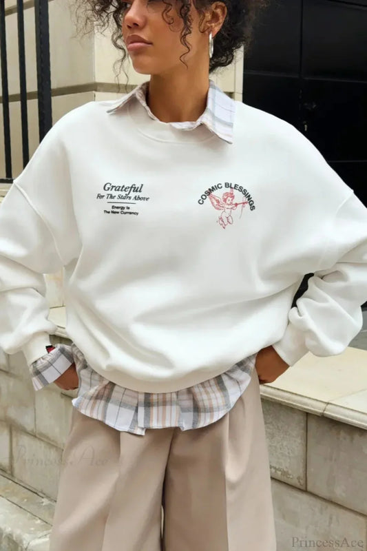 Solid Angel Print Thickened Crew Neck Sweatshirts