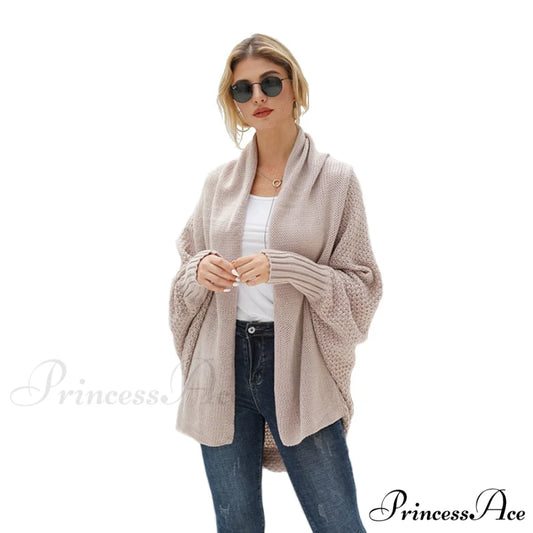 Solid Batwing Sleeve Loose-fitting Long Knitted Cardigan Sweater Khaki / One Size