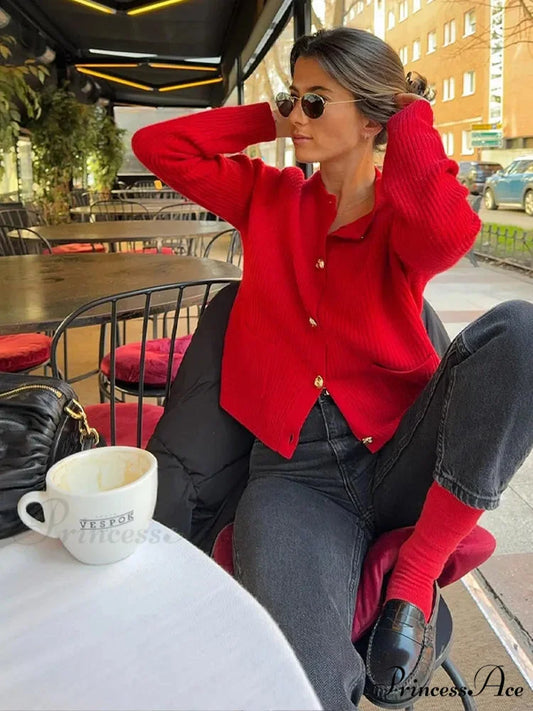 Solid Button Long Sleeve Pocket Cardigan Red / S