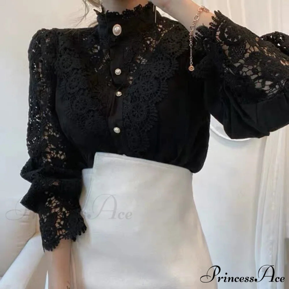 Solid Button Stand Collar Plus Size Blouse Black / S