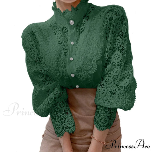 Solid Button Stand Collar Plus Size Blouse Green / S