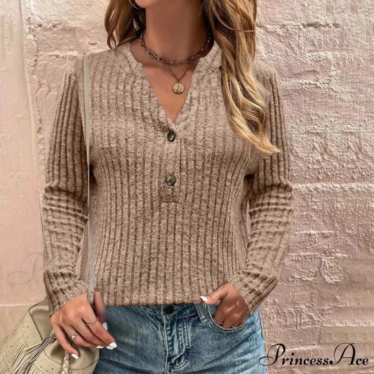 Solid Casual Color Blouse Khaki / S