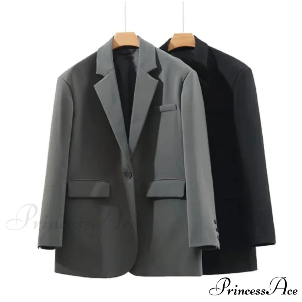 Solid Color Commuting Korean Autumn Spring Oversize Loose Button Blazer