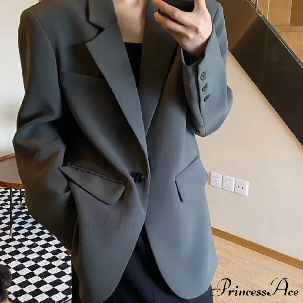 Solid Color Commuting Korean Autumn Spring Oversize Loose Button Blazer GRAY / S