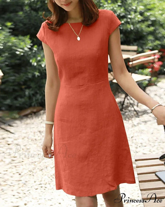 Solid Color Cotton and Linen Short-Sleeved Dress Orange / S