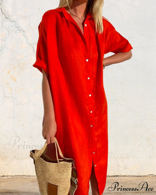 Solid color cotton shirt dress
