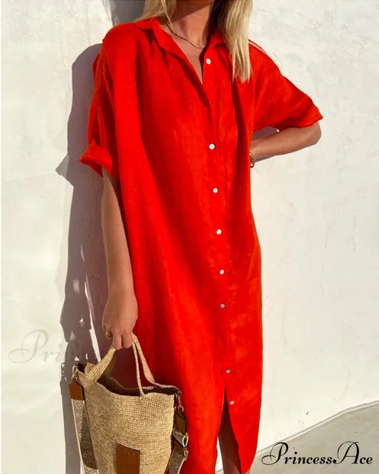 Solid color cotton shirt dress Red / S