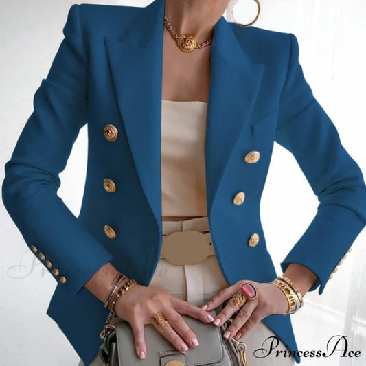 Solid Color Fashion Multi Buttons Blazer Navy Blue / S