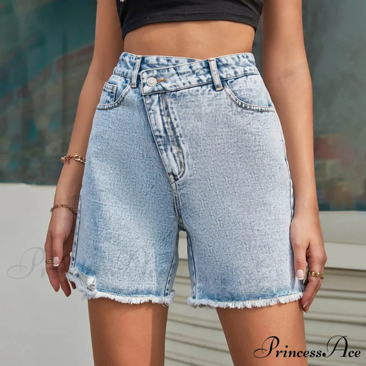 Solid Color Fashion Waistband Loose Slim Edge Denim Ladies Summer Short Blue / XS