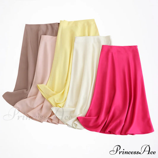 Solid Color High Quality Satin Midi Skirt