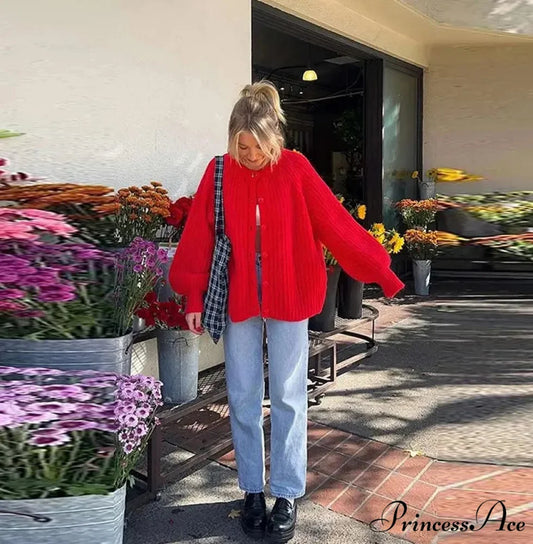 Solid Color Long Sleeve Red Knit Cardigan Red / S